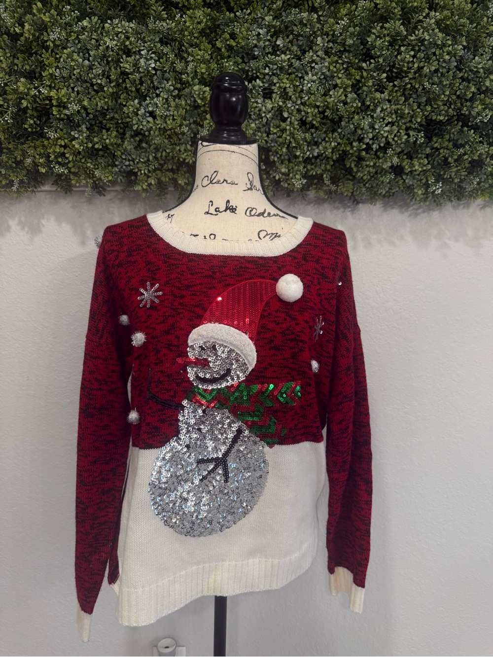united states sweaters Red and White Sequin Snowman Holiday Sweater